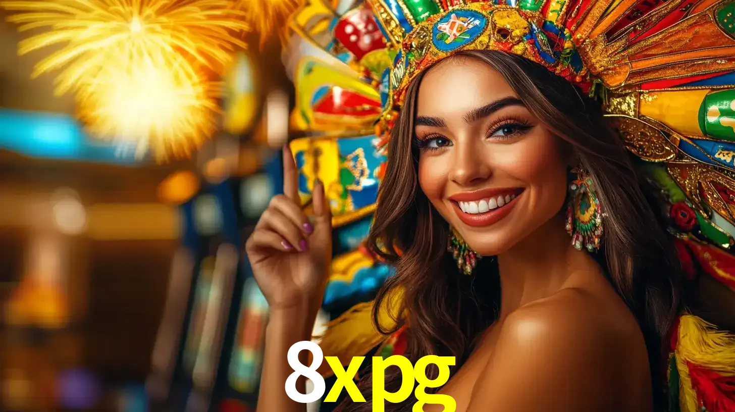 Mulher sorridente com um cocar de carnaval vibrante e colorido, celebrando uma grande vitória nos jogos do cassino 8xpg com fogos de artifício ao fundo.