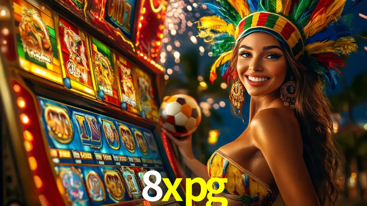 Mulher com um cocar de carnaval ao lado de uma máquina de caça-níqueis enquanto segura uma bola de futebol, mostrando a união da diversão de cassino e esportes no 8xpg.