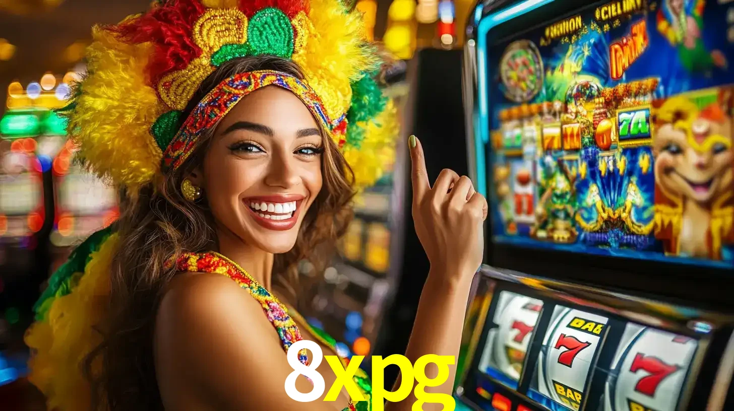 Mulher animada com um cocar de carnaval apontando para uma máquina de caça-níqueis, mostrando a emoção de ganhar um grande prêmio nos jogos do 8xpg.