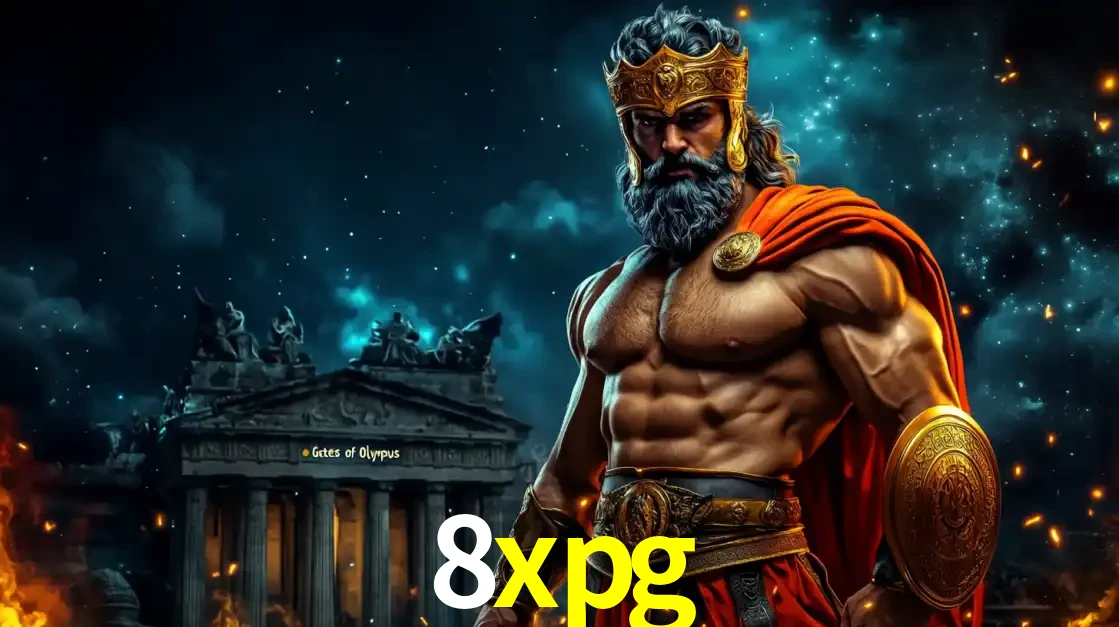 O poderoso Zeus do jogo de slot Gates of Olympus em frente ao seu templo, pronto para lançar multiplicadores divinos e prêmios épicos no cassino online 8xpg.