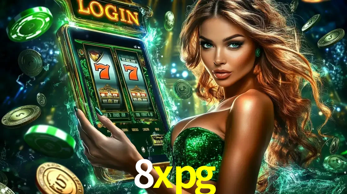 Mulher com tema verde apresentando o aplicativo do cassino 8xpg com um jogo de slot de 777, cercada por fichas de cassino e uma aura de sorte.