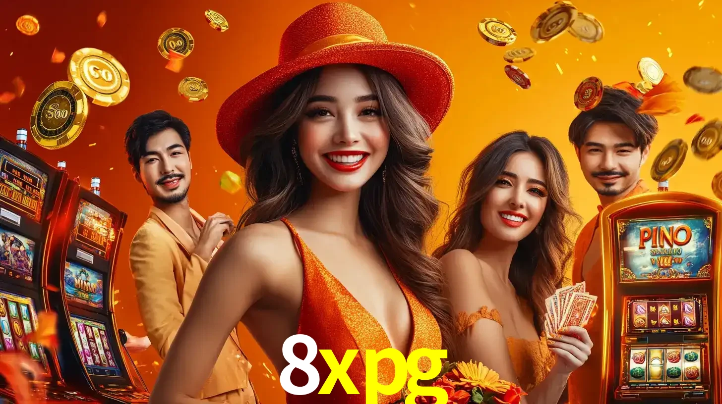 Grupo de amigos asiáticos sorrindo e se divertindo com máquinas de caça-níqueis em um ambiente festivo, celebrando suas vitórias nos jogos de cassino do 8xpg.