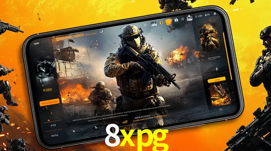 Um smartphone exibindo a interface de um jogo de tiro em primeira pessoa, com um soldado em um cenário de batalha, representando a ação dos e-sports para apostar no 8xpg.