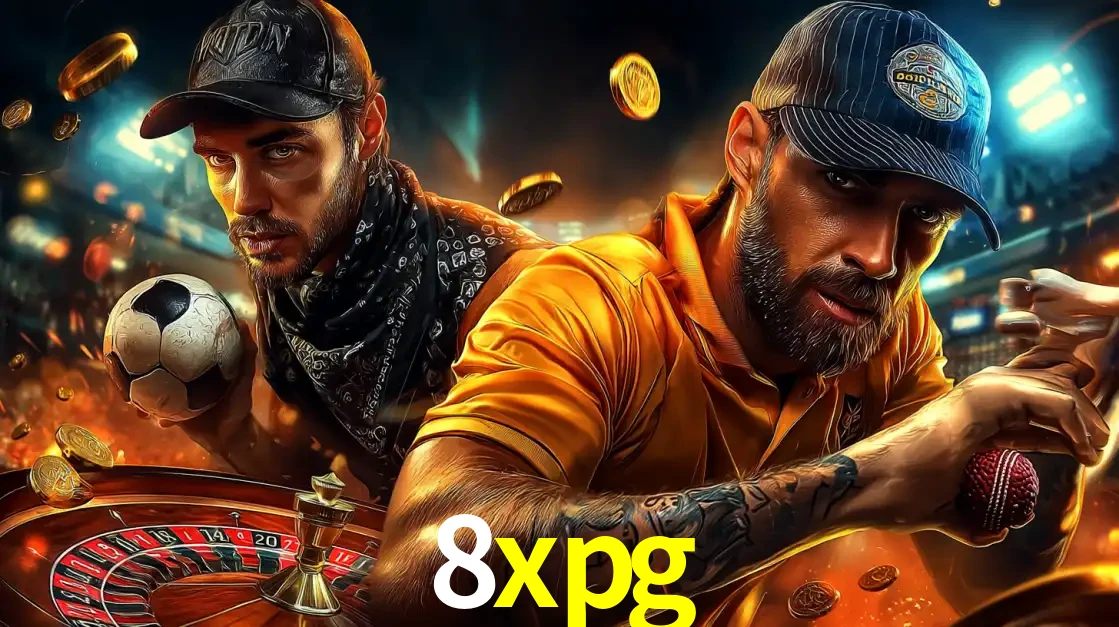 Montagem de apostas esportivas e cassino no 8xpg, com um homem segurando uma bola de futebol e outro uma de beisebol sobre uma roleta e moedas voadoras.