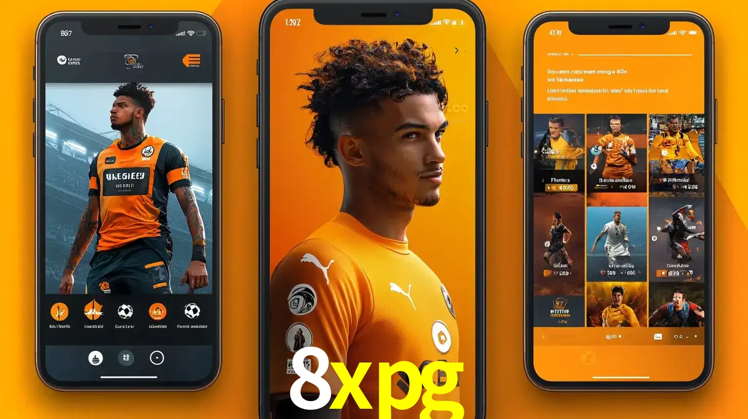 Interface do aplicativo de apostas esportivas 8xpg em três telas de celular, mostrando o perfil de um jogador de futebol e a lista de jogos disponíveis para apostar.