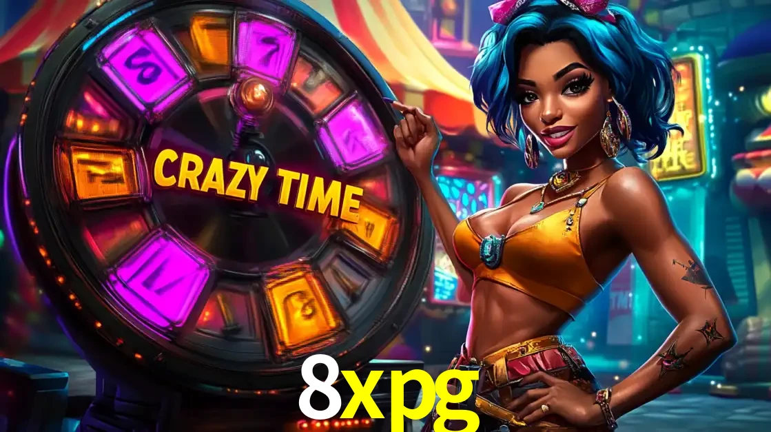 Mulher estilizada com cabelo azul e visual vibrante posando ao lado da roda de prêmios do game show Crazy Time, convidando para a diversão e os bônus do cassino 8xpg.