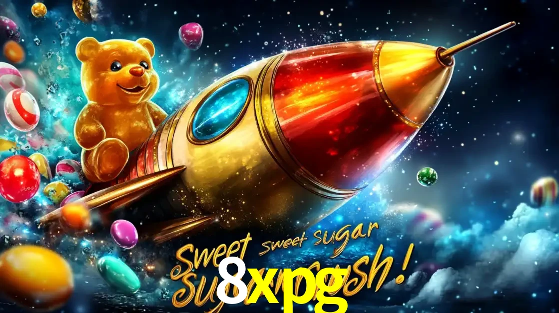 Arte promocional do jogo de slot Sugar Rush, com um urso de pelúcia em um foguete viajando pelo espaço de doces, um dos jogos divertidos disponíveis no cassino 8xpg.