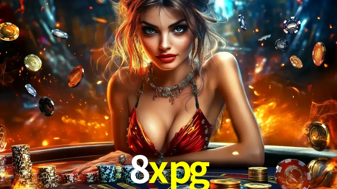 Mulher em uma mesa de cassino com pilhas de fichas e um fundo de fogo, pronta para uma rodada de altas apostas nos jogos de mesa emocionantes do cassino 8xpg.