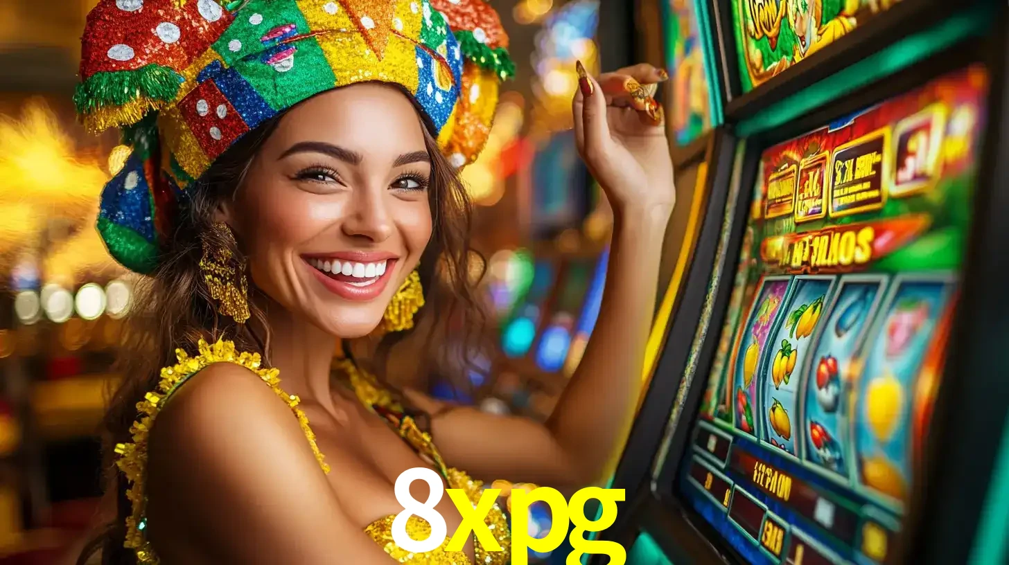 Mulher feliz com traje de carnaval amarelo e colorido ao lado de uma máquina de caça-níqueis, aproveitando a diversão e os jogos temáticos do cassino 8xpg.