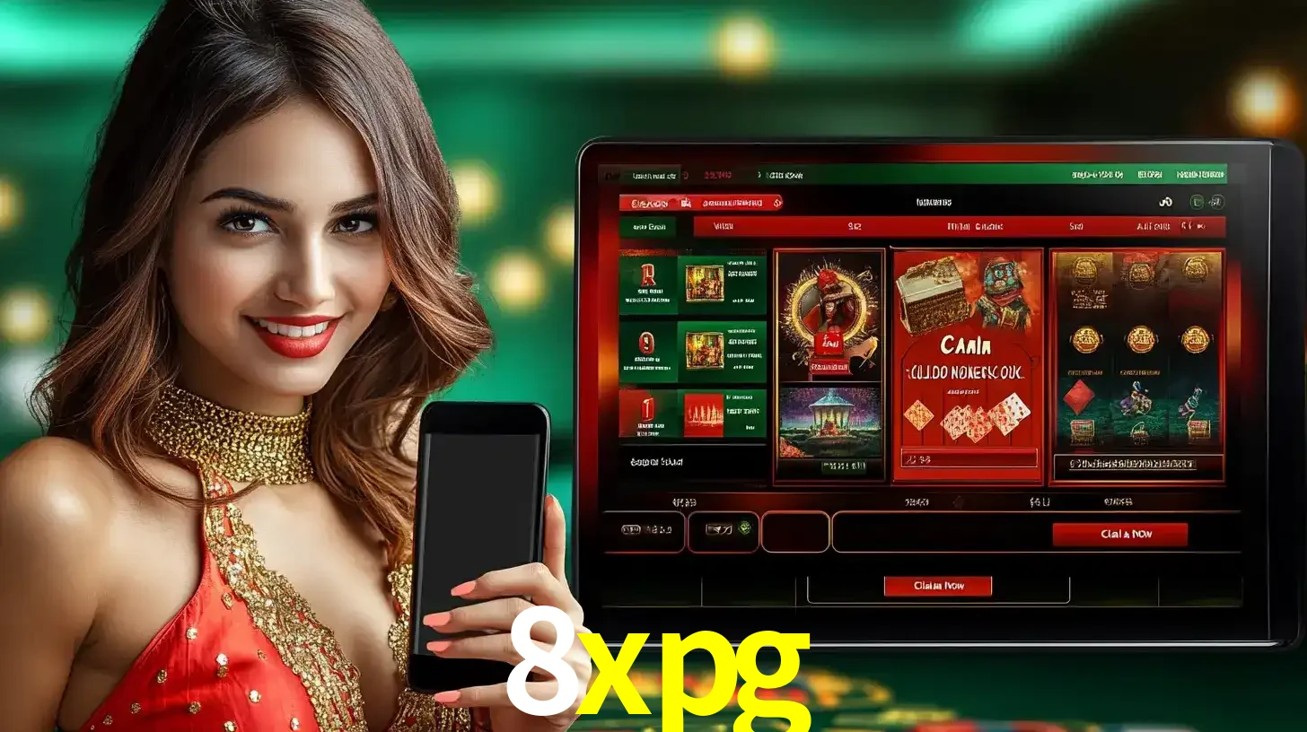Mulher sorridente segurando um smartphone, ao lado de uma tela exibindo o lobby de jogos do cassino online 8xpg, com várias opções de jogos de cartas e slots.